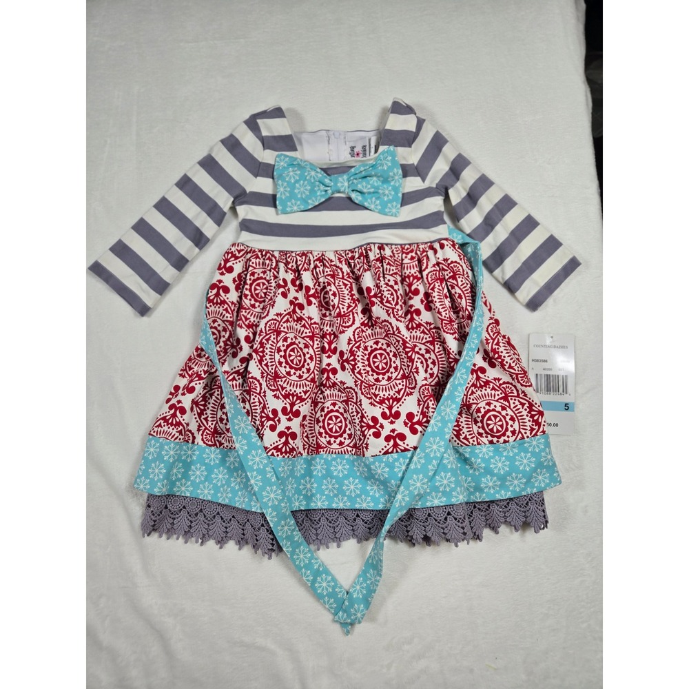 Counting Daisies Girls Gray Red Teal Mixed Print Lace Hem Dress‎ Boutique New 5